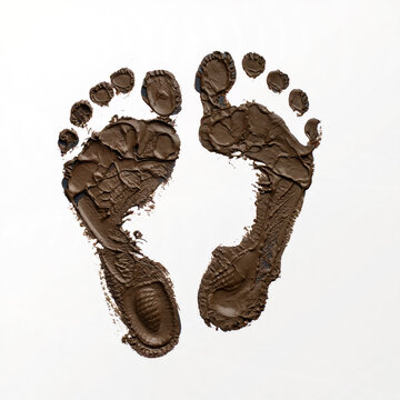 Huellas de pies humanos hechas con lodo. Aisladas sobre fondo transparente. PNG. 