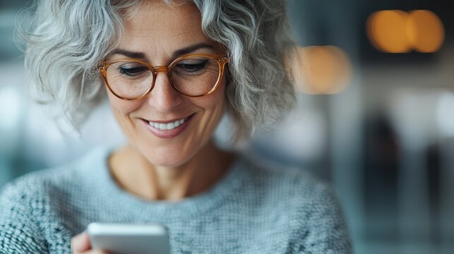 A joyful senior woman with gray curly hair is engaged in her smartphone, radiating happiness and connection in a modern, well-lit environment.