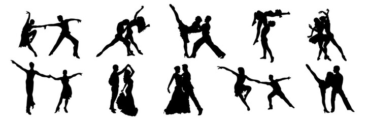 Silhouettes of dancers, couple dances, modern dance positions. Dynamic, elegant figures demonstrating various dance moves. Ideal for design projects related to dance, performing arts, fitness