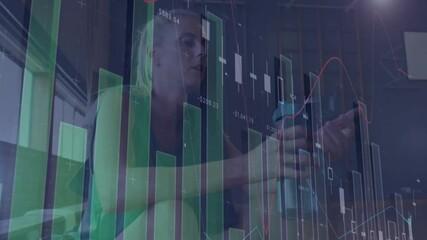 Woman rower leaning after rowing and sipping water as financial charts moving, tracking performance - Powered by Adobe