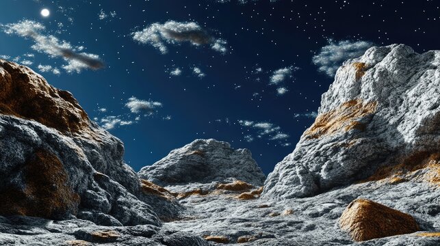 Rocky landscape under a starry night sky.