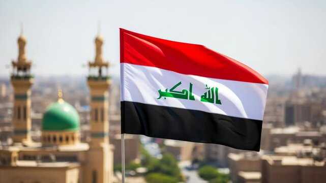 Iraqi flag waving, Baghdad city background, for patriotic projects