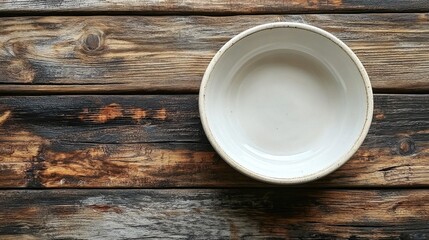 Empty white ceramic bowl on weathered wooden planks, top view. Use for food photography or design about rustic table setting.