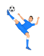 Soccer player in blue uniform kicking a soccer ball in a dynamic pose transparent background