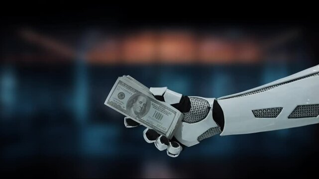 A sleek robotic hand presents a bundle of cash, symbolizing the intersection of technology and finance in a modern high-tech setting with a soft, blurred background. MZL