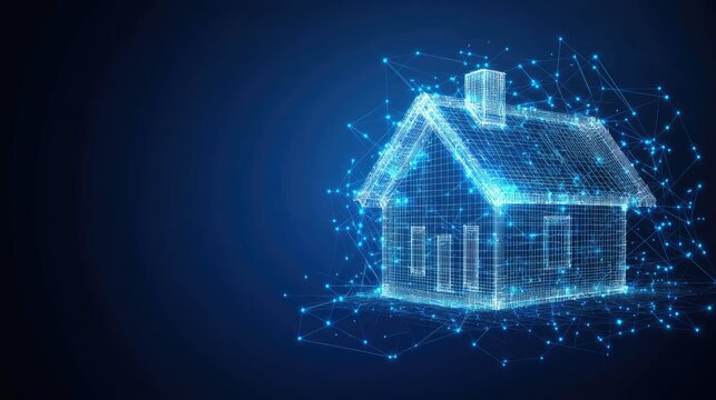 Digital rendering of a house with glowing interconnected lines. - Powered by Adobe