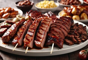 Fried meat, grilled meat pieces on sticks, shashlik, fried pork ribs, meat plate