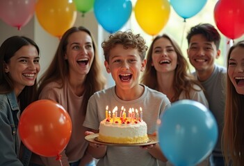 Birthday celebration, happy boy with cake and candles in his hands, his friends with balloons nearby