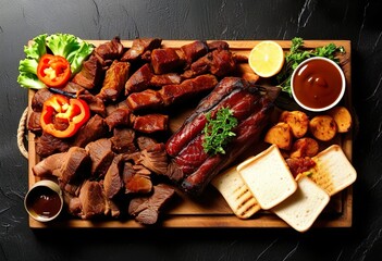 Mix of different meats, sausages and cheese on wooden board, assorted snacks, top view