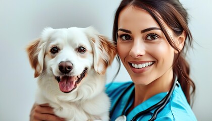 Smiling girl veterinarian with a small white dog in her arms, veterinary services, veterinary medicine, animal treatment