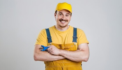 Cheerful male plumber in yellow uniform with adjustable wrench in hand, plumbing work, business