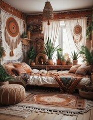 Boho style bedroom, bed and many boho design items on the walls and floor, indoor flowers, white, red and brown tones