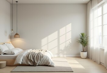 Large bedroom in white, large bed, sunlight coming through the window, modern interior design