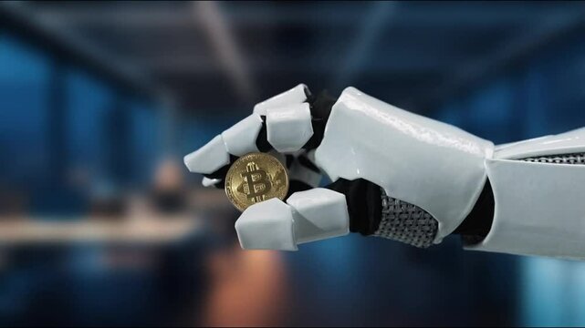A robotic hand is presenting a cryptocurrency coin within a sleek modern office, symbolizing the integration of advanced technology with finance and innovation. MZL