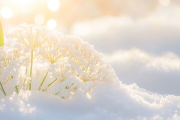 Macro photography of ice-covered Queen Anne's Lace in the winter snow, with sunlight shining on it.