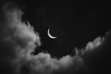 Night sky with a crescent moon and stars, against a cloudy background
