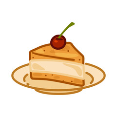 Cartoon Cake Slice with Cherry. Cute cartoon illustration of a slice of layered cake with cream filling and cherry on top, served on a plate. Flat style, warm colors, isolated on white.