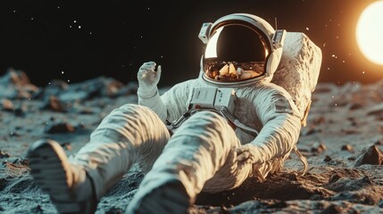 An astronaut resting on the lunar surface, representing human exploration and curiosity about space, capturing the essence of adventure and scientific discovery.