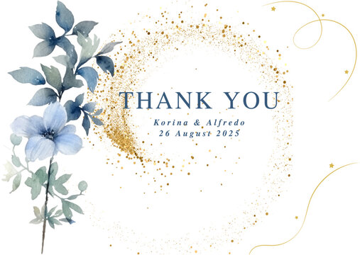 Blue Floral Gliter wedding thank you card