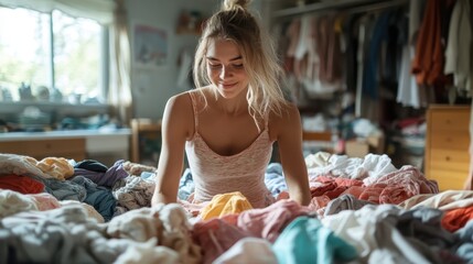 A cheerful young woman joyfully sorts through a colorful pile of clothes strewn across her bed, demonstrating creativity and sanity amidst the chaos of her room.