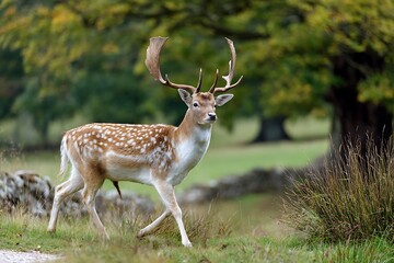 Fototapeta premium Majestic Fallow Deer Buck Walking Through Grassy Meadow With Large Antlers and Spots