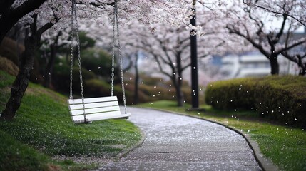A peaceful park scene with cherry blossoms and a swing.