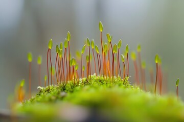 Mossy green ground, blurred background of forest, macro photography, shallow depth of field,