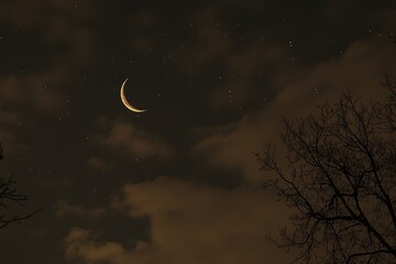 Night sky with a crescent moon and stars, against a cloudy background