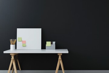 Minimalist black background for product display, white desk with wooden legs and two sticky notes