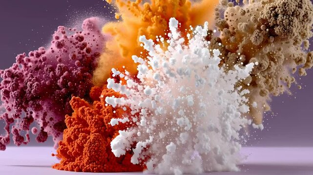 Colorful explosion of vibrant powders creating dynamic splashes in various shades, showcasing artistic motion and texture against a soft gradient background, ideal for creative design and visual impac