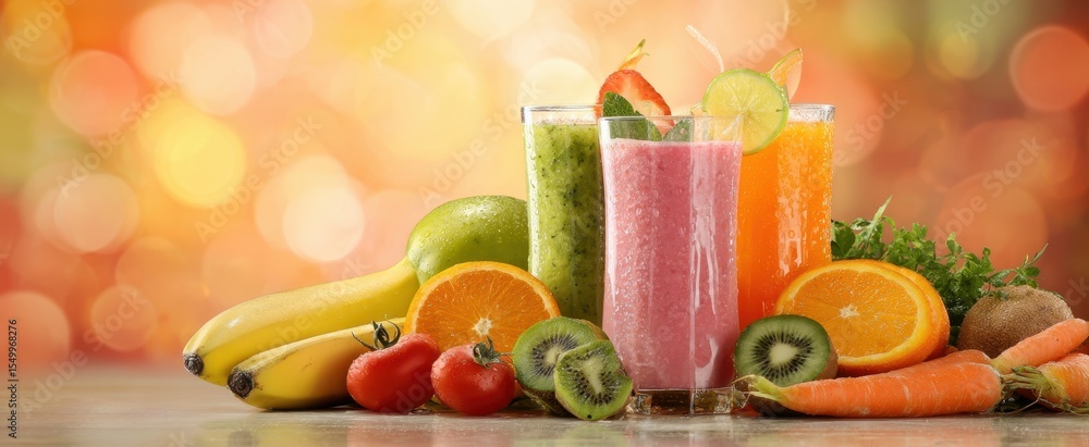 Poster the vibrant display of refreshing fruit smoothies on a rustic table.