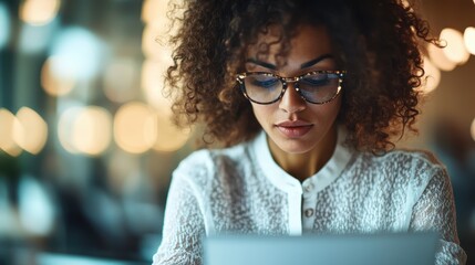A close-up of a woman with curly hair, wearing stylish glasses, focused on her laptop in a trendy café, embodying modernity, concentration, and the hustle of daily life.