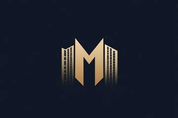 Logo design, minimalist style with building elements and the letter M in the middle of two buildings