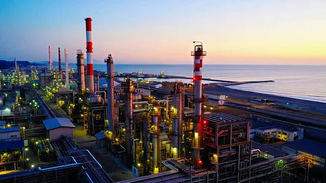 Nighttime view of an oil refinery plant with towering industrial buildings and a glowing sky, showcasing the power and energy of the petrochemical industry