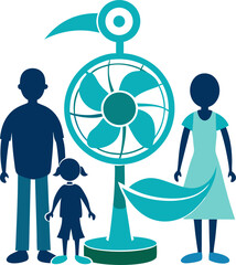 "Family staying cool with indoor fan silhouette" 