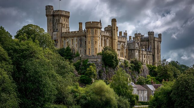 Majestic Arundel Castle, West Sussex, England Stone Walls, Towers, and Lush Greenery Under Cloudy Sky