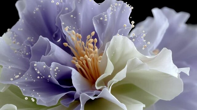 Close-up of delicate flower petals in soft lavender and white hues, showcasing intricate textures and fine details, with droplets of water enhancing the natural beauty and elegance of the floral compo