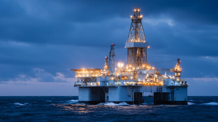 Obraz premium Glowing oil drilling platform in the middle of the sea during twilight, symbolizing energy production and marine industry oil rig ocean, twilight oil platform, offshore drilling, p
