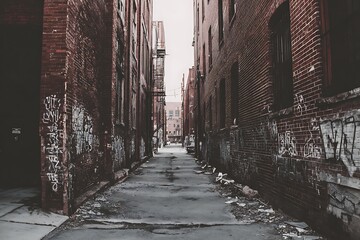 Brick alley with graffiti and trash