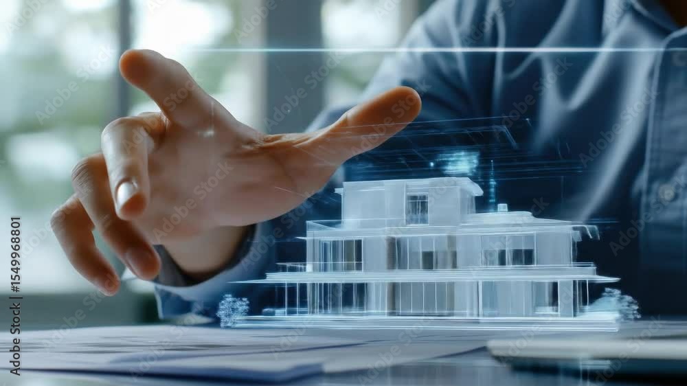 Poster hand interacting with futuristic digital house model showcasing advanced architecture and transparen