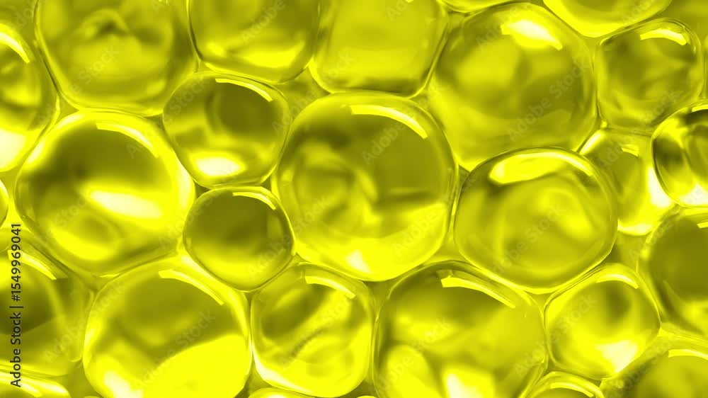 Poster yellow spheres gliding and reflecting light, generating dynamic visual pattern with smooth, organic 