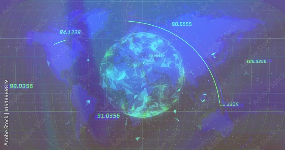 Poster sphere appearing on grid leading markers emitting arcs racing inward and bits drifting for exchange