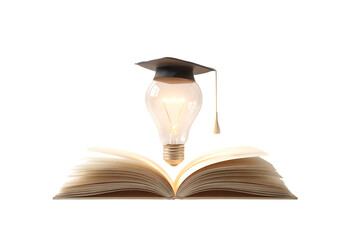 Graduation cap on a lightbulb above an open book