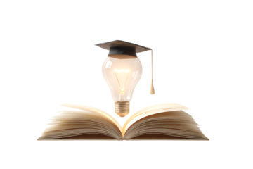 Graduation cap on a lightbulb above an open book