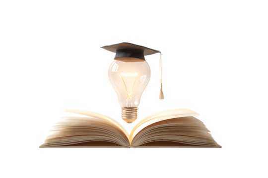 Graduation cap on a lightbulb above an open book
