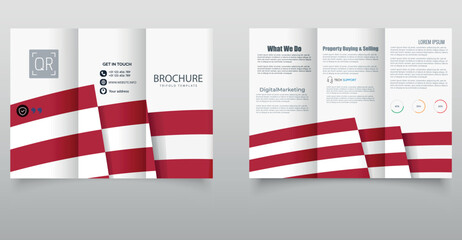 Red and White Corporate Trifold Brochure Template. Modern corporate trifold brochure template with dynamic red and white wave design, perfect for business promotions, marketing materials.