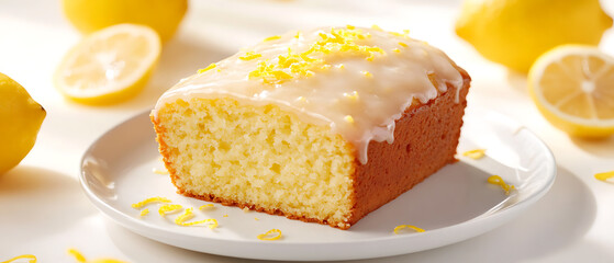 Lemon Cake Slice with Glaze and Zest on a White Plate