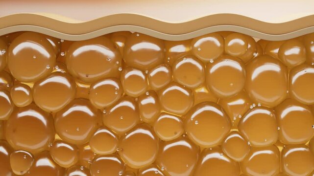 Realistic animation shows fat cells expanding and contracting beneath a layer of skin, illustrating the process of fat storage and release in the human body. 3d animation 4K