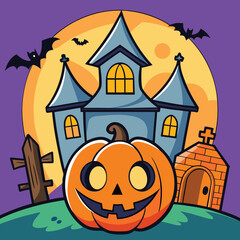 Spooky halloween haunted house with glowing pumpkin illustration