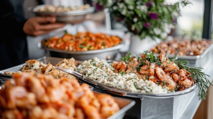 An appealing buffet spread featuring a variety of gourmet dishes, inviting guests to indulge in diverse flavors, from seafood to hearty entrees in a social dining experience.